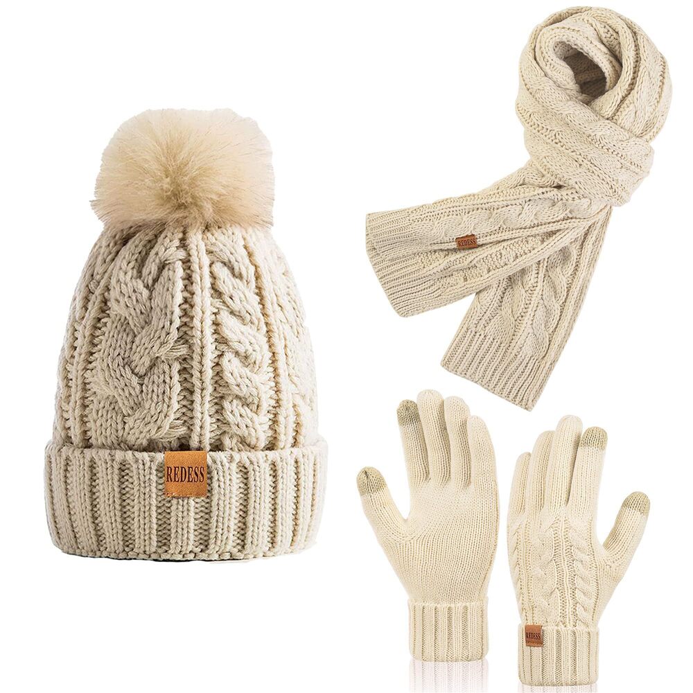 1552 Winter Knitted Beanie Hat Warm Fleece Lined with Pompom Cap Thick